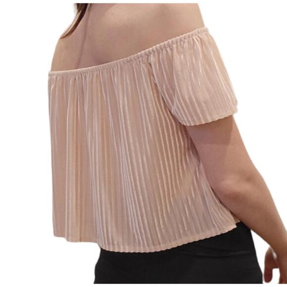 NWT Forever21+ Pink‎ Blush Peach Velvet Stripped Off the Shoulder Top Blouse - Picture 8 of 10